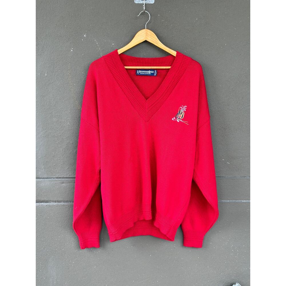 Vintage USA Handmade Scottish Isle Men's Large Red V-Neck Pullover Golf Sweater